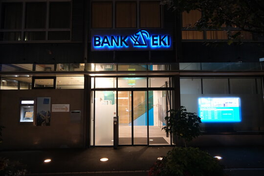 Interlaken, Switzerland-Oct.1st 2025: Bank EKI Genossenschaft facade at night
