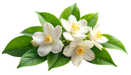 A vibrant close-up of white flowers with yellow centers and bright green leaves, isolated