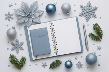 White open spiral notebook with planner for organizing holiday tasks and shopping lists, surrounded by festive Christmas decorations