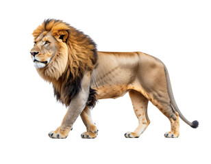 Male african lion in full mane walking across white background, majestic close-animated movie profile