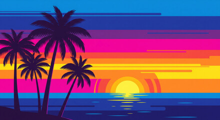 Vibrant tropical sunset with palm trees over calm ocean water