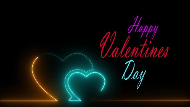 Happy Valentine&rsquo;s Day Neon Heart Animation with Glowing Romantic Typography and Colorful Love Celebration on Black Background.
