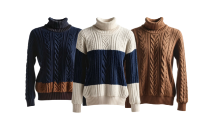 Three textured cable-knit sweaters in different colors, isolated on black background