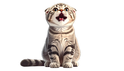 Adorable, cartoon-like Scottish Fold kitten with open mouth, light fur, and folded ears