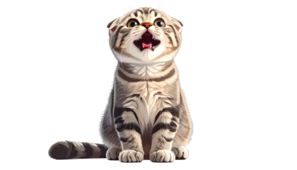 Adorable, cartoon-like Scottish Fold kitten with open mouth, light fur, and folded ears