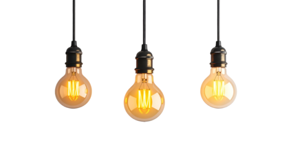 Three glowing, vintage-style light bulbs hang suspended against a dark, featureless backdrop