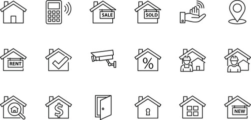 Real estate icon set featuring house symbols for sale, rent, sold, new listings, mortgages, and security surveillance.