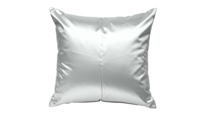 Square white satin pillow, seams visible, softly lit, isolated on black background