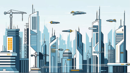 Futuristic cityscape with sleek skyscrapers and flying cars