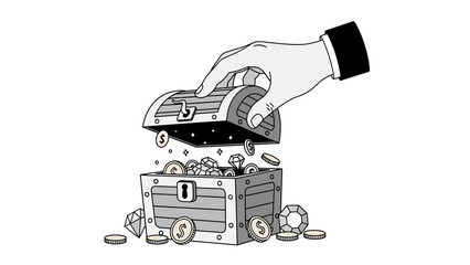 Hand opening a treasure chest full of coins and jewels. © Luminaryshine