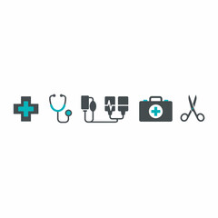 Five dark gray medical icons with teal accents against white background