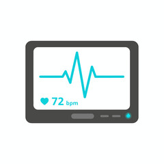 Flat icon of a heart rate monitor displaying a cyan ECG wave and 72 bpm