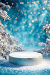 Round ice podium with golden glitter on snow and blurred fir trees background.