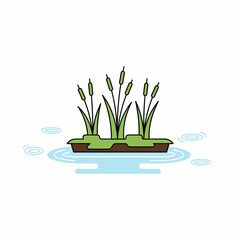 Flat illustration of cattails growing on a small patch of dry ground surrounded by water with ripples