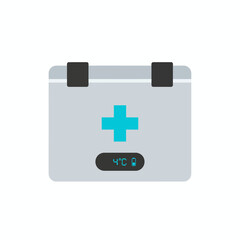 Gray medical cooler box with cyan cross display and 4C battery indicator