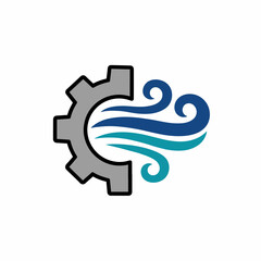 Gray gear combined with blue and teal wavy lines resembling wind or water flow