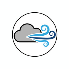 Gray cloud icon with blue wind streams blowing to the right enclosed in a black circle