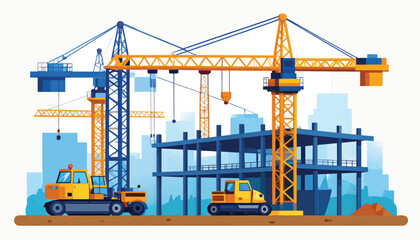 Construction site with cranes and excavator in action