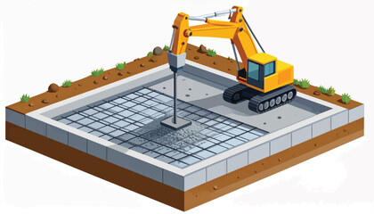 Construction site with excavator pouring concrete foundation