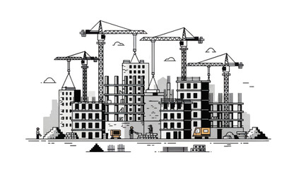Urban construction site with cranes and buildings under development