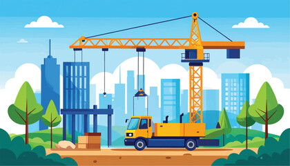 Vibrant cityscape with construction crane and modern skyscrapers