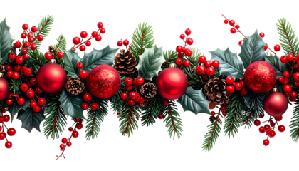 Festive Christmas garland vibrant red ornaments, berries, pinecones, and evergreen foliage
