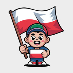 A cute cartoon boy happily holding a large Polish flag and a small Polish flag, showing national pride.