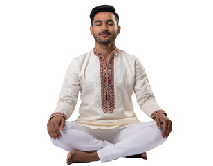 Meditating man in traditional indian kurta with intricate maroon embroidery