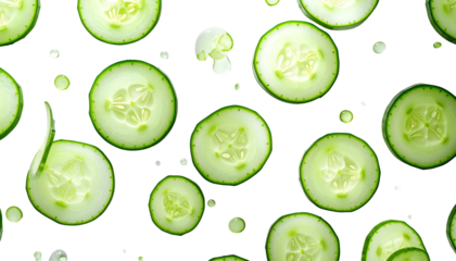 Overhead shot of sliced cucumbers scattered on a black background, with high-key lighting