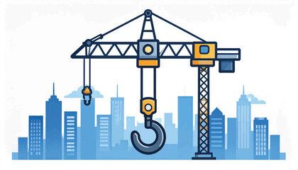 Construction crane in front of modern city skyline at sunset