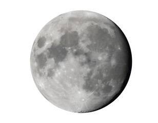 Moon in grayscale sphere with textured lunar maria and craters on white backdrop