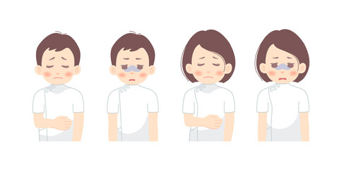 悩みや体調不良で元気がない、ぐったりしている看護師のイメージイラストのセット