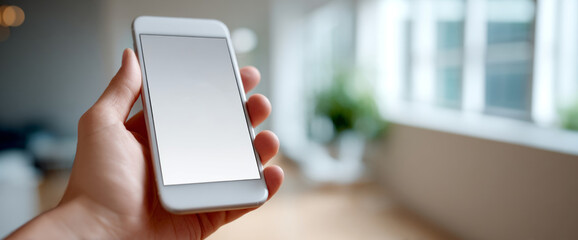 Close-up of a hand holding a smartphone with blank screen in a bright modern indoor setting with large and blurred background
