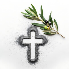 Cross Made of Ashes with Olive Branch on White Background