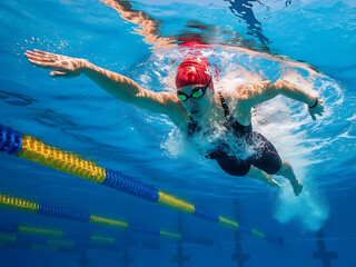 Female Swimmer Wearing Red Cap Swimming in Blue Pool Water