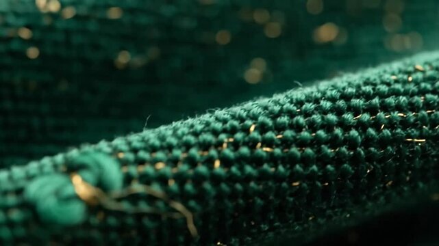 Close-Up of Green Fabric with a Knot and Loose Threads.
