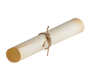 Rolled parchment scroll tied with rustic twine on clean white background