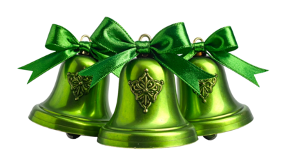 Three glossy green bells with decorative bows, isolated on a black background