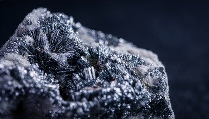 Raw silver ore: "A piece of natural unrefined silver ore with crystalline structures. Macro photography, dark moody background, spotlight on the metallic glint."
