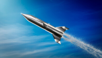 Silver rocket launch: "A conceptual image of a silver bullion bar shaped like a rocket taking off, leaving a trail of silver dust. Symbol of price skyrocketing, blue sky background.
