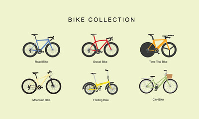 Set of different bicycles models. Set of different bicycle types including road bike, gravel bike, time trial bike, mountain bike, folding bike, and city bike.
