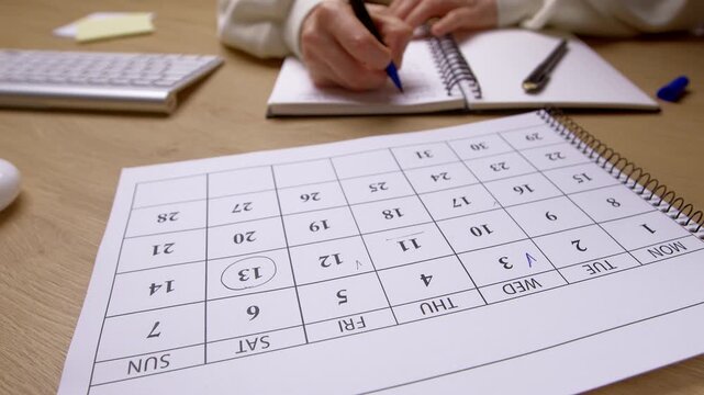 A woman's hand marks a day, meeting date, and reminder on a calendar. Time management. Concept for planning a month or week.