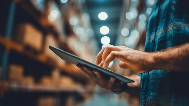 Medium shot of a warehouse manager interacting with mobilefriendly inventory software on a tablet scanning barcodes to monitor stock levels efficiently onsite.