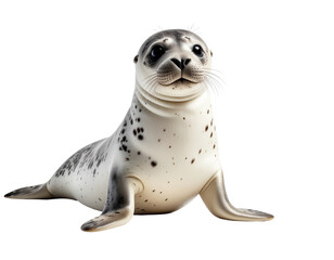Seal on white background with curious expression and speckled fur