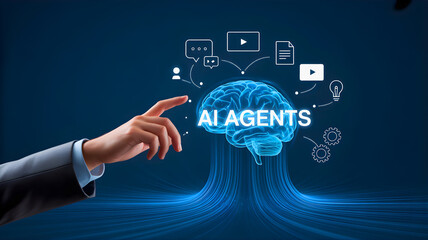 Businessman's hand interacts with glowing AI brain and digital icons on blue background