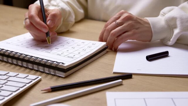 A woman's hand marks dates and days on a calendar at her desk. Concept of event planning, diary notes and reminders, and deadlines.