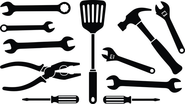 Hand tool silhouette set featuring wrenches, hammer, pliers, screwdrivers, and a kitchen spatula for repair and DIY projects.