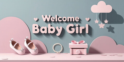 Pink baby girl celebration scene with text "Welcome Baby Girl," featuring shoes, gift box, pearls, and clouds on pastel background