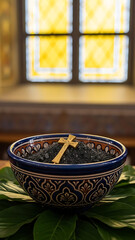 Ashes with Cross in Decorative Bowl on Leaves in Church