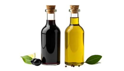 Two glass bottles, one containing dark liquid, the other golden, with corks and garnish